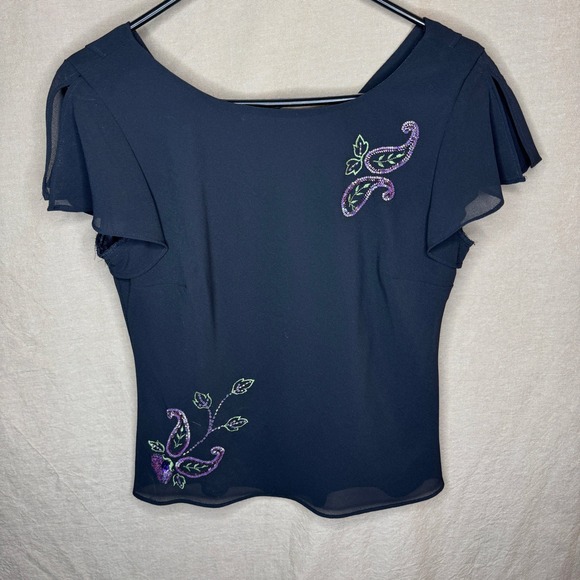 Studio I Tops - Y2K Women Black Beaded Paisley Flutter Sleeve Cowl Back‎ Evening Top Size 8